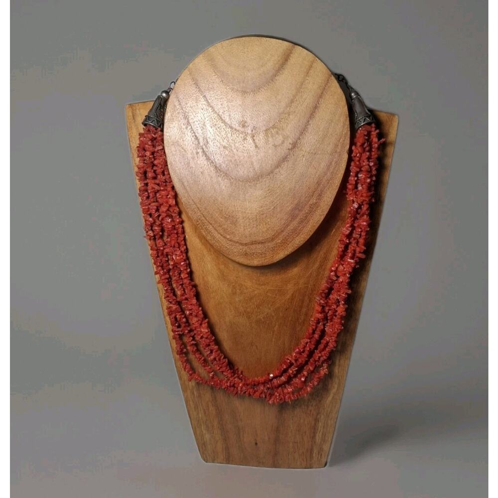 Vntage Native American Navajo 925 Sterling Silvet Red Coral 4 Strand necklace 22